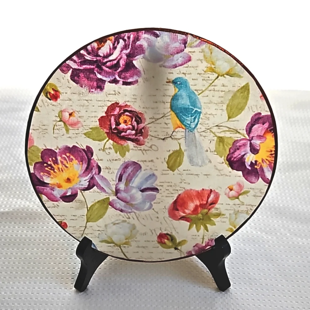 Vintage Style Floral & Bird Decoupage 8 Inch Tempered Glass Cutting Board